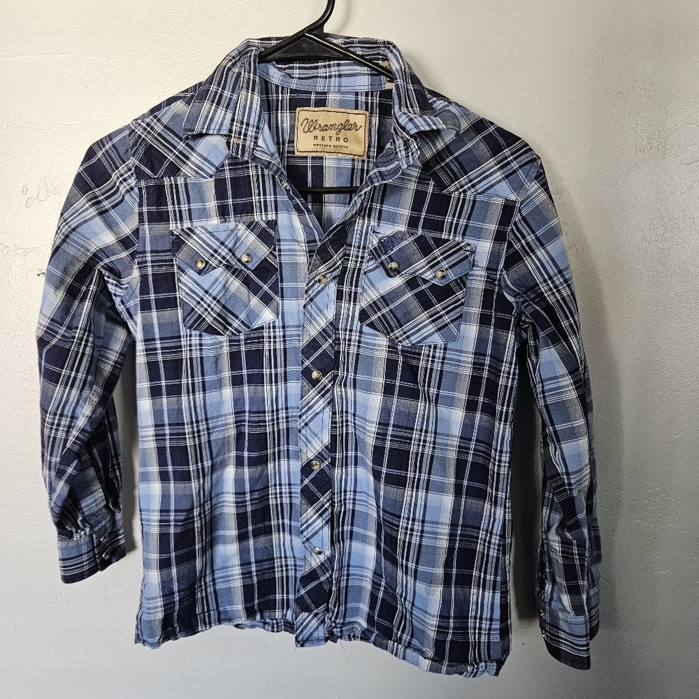 Wrangler Retro Boys Large Blue Plaid Button-Up Long Sleeve Shirt Western Top